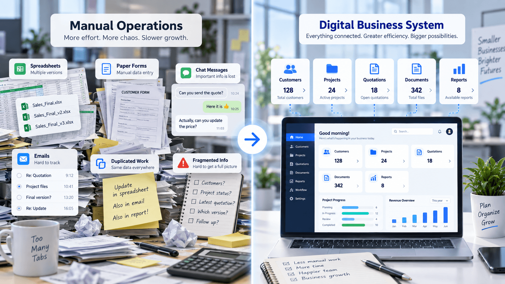 Manual business operations compared with a digital business system