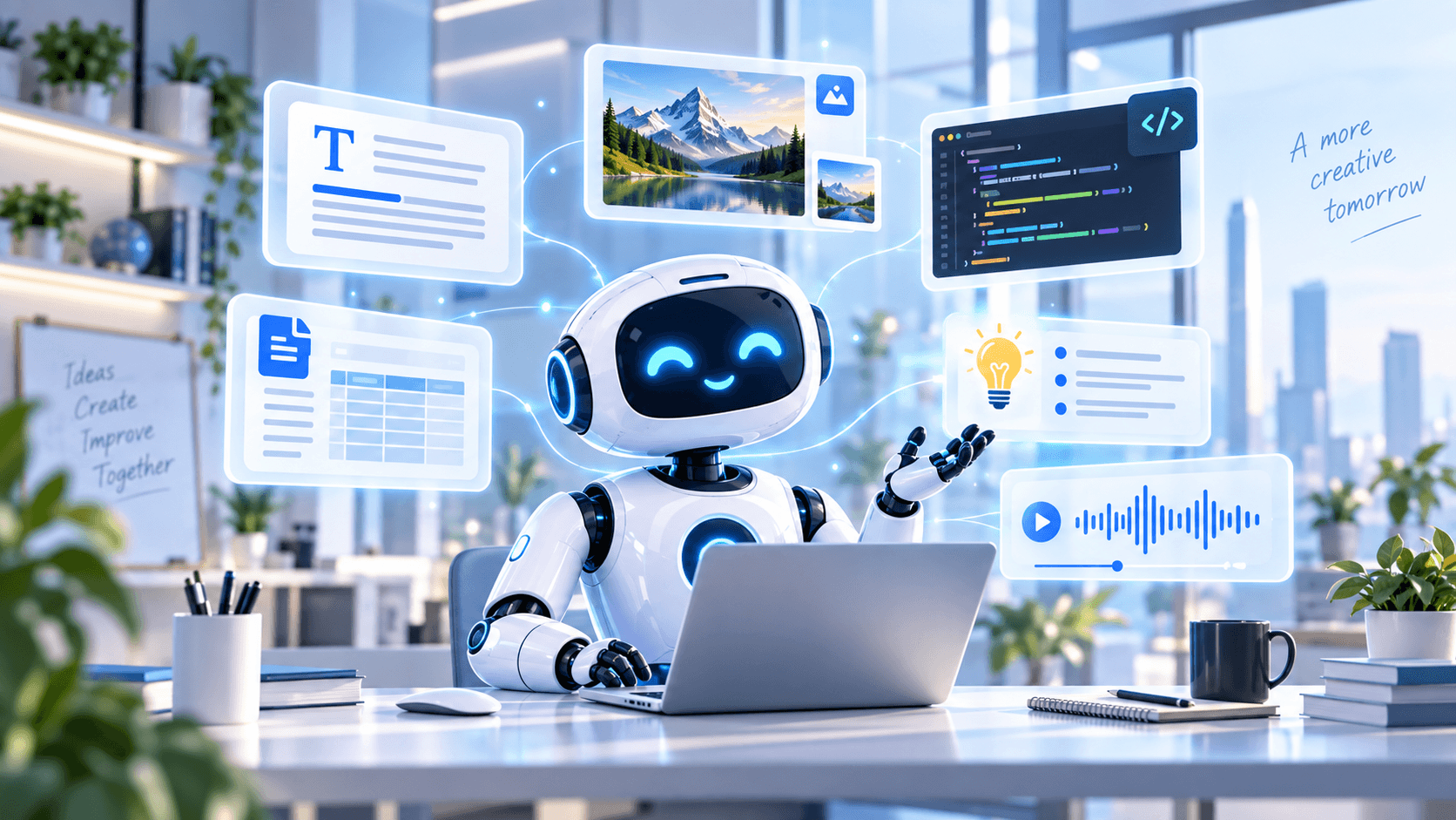Generative AI assistant creating text, images, software code and digital content