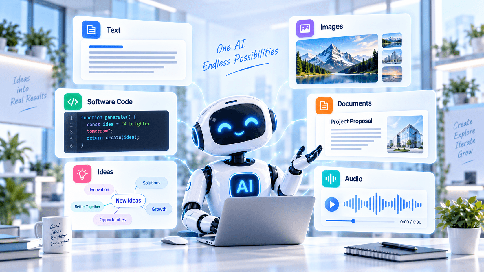 Generative AI capabilities for text, images, software code, documents, ideas and audio