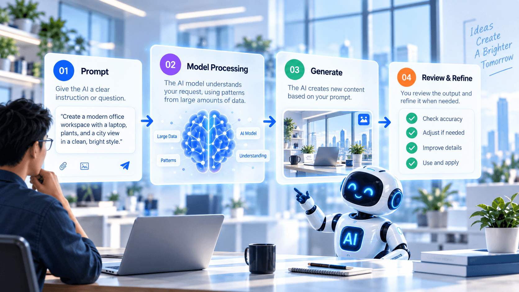 Generative AI workflow from prompt to model processing, generation and human review